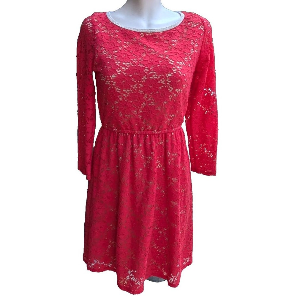 Gianni Bini Red Floral Lace Cut Out Fit & Flare Layered Dress Size Small